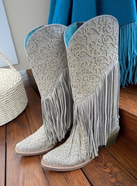 Corral美国产羊皮靴亮丝绣花尖头真皮白色流苏靴复古西部牛仔靴女
