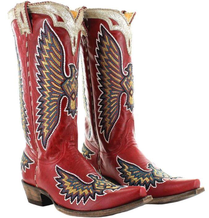 old gringo墨西哥牛皮真皮美国之鹰刺绣雕花尖头复古西部牛仔靴女