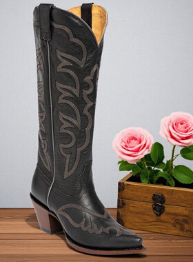 美国SHYANNE牛皮真皮刺绣尖头复古西部牛仔靴女高筒靴35码骑马靴