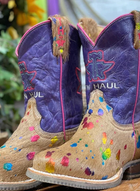 Tin Haul刺绣西部牛仔靴牛毛波点牛皮真皮女儿童西部马靴25-38码