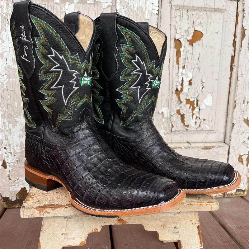 美国代购Justin真皮鳄鱼皮刺绣中筒靴方头骑马靴复古西部牛仔靴男