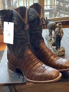 CODY JAMES美国产鳄鱼皮拼色刺绣方头中筒靴西部牛仔靴骑马靴男靴