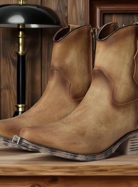 美国CORRAL牛皮真皮刺绣骑马靴固特异尖头短靴骑马靴西部牛仔靴女