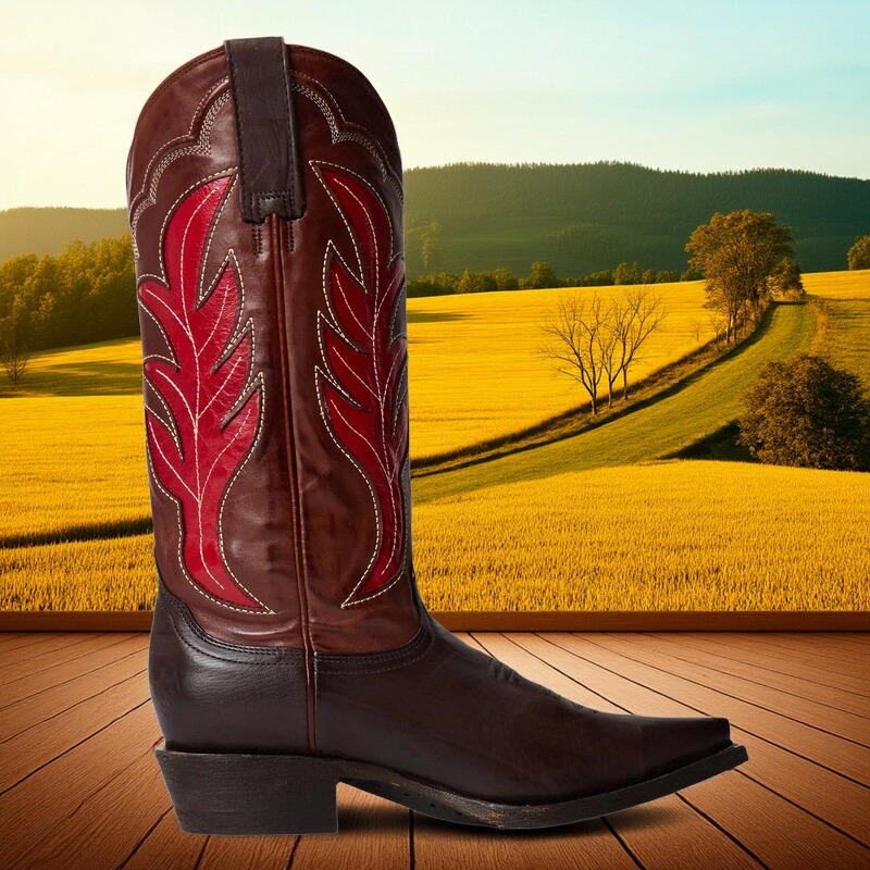 stetson墨西哥手工靴牛皮火焰雕花刺绣高筒马靴尖头西部牛仔靴女