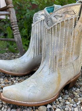 美国正品corral龟裂纹牛皮水晶流苏尖头真皮白色女西部牛仔靴短靴