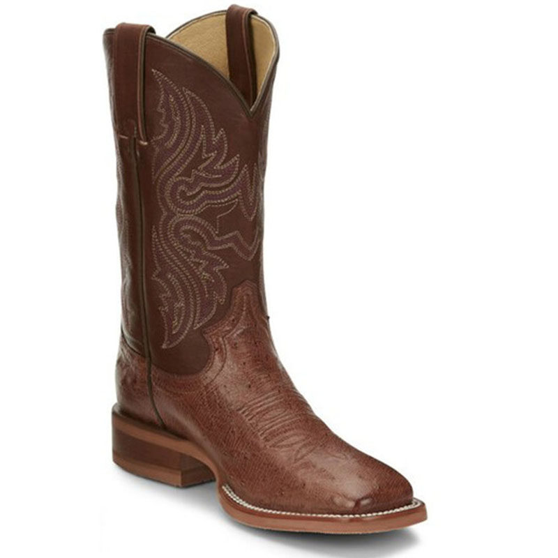 美国产JUSTIN鸵鸟皮拼色方头高筒靴刺绣骑马靴复古靴西部牛仔靴女