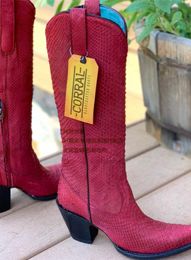 美国CORRAL真蛇皮红色真皮尖头粗跟高跟高筒靴西部牛仔靴骑马靴女