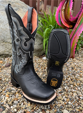 美国产DAN POST牛皮真皮方头黑色刺绣防滑中筒靴复古西部牛仔靴女