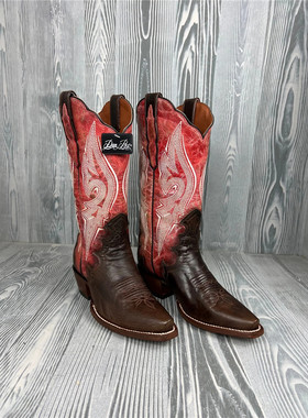 正品dan post牛皮真皮尖头拼色刺绣红色西部牛仔靴女骑马靴高筒靴