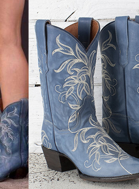 美国代购Dan Post绣花牛皮真皮尖头复古西部牛仔靴蓝色中筒短靴女