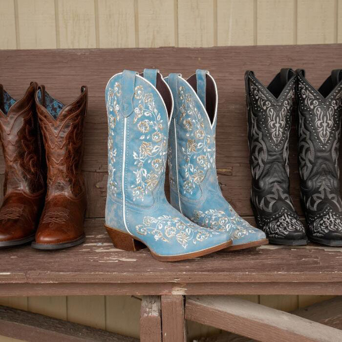 美国代购Laredo牛皮碎花刺绣西部牛仔靴真皮尖头骑马靴马术靴女靴