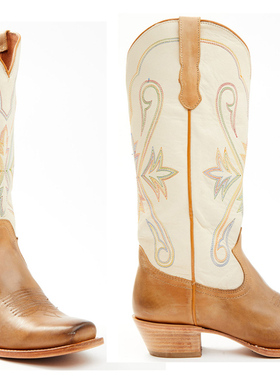 美国产SHYANNE牛皮真皮拼色彩色刺绣尖头骑马靴复古西部牛仔靴女