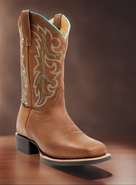 SHYANNE美式西部靴牛皮刺绣复古西部牛仔靴中筒靴方头骑马靴女靴