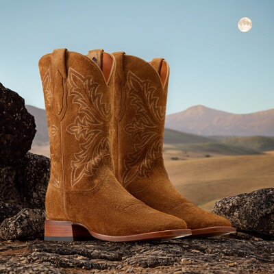 墨西哥ARIAT反绒油蜡牛皮复古西部牛仔靴8排针刺绣方头靴男骑马靴