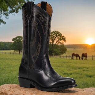 美国产FRYE胎牛皮刺绣平底长靴骑马靴复古真皮里尖头西部牛仔靴女