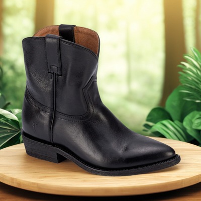 墨西哥FRYE小牛皮真皮里尖圆头复古西部牛仔靴女V靴口骑马靴短靴