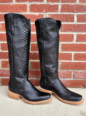 海外R. Watson蟒蛇皮真皮17寸高筒靴骑马靴复古黑色西部牛仔靴女