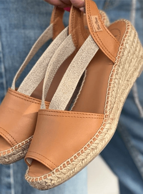 西班牙产Toni Pons牛皮松糕厚底凉鞋增高女鱼嘴坡跟麻底草编凉鞋