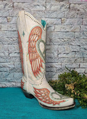 美国CORRAL尖头西部牛仔靴真皮牛皮翅膀心刺绣白色马术靴女高筒靴