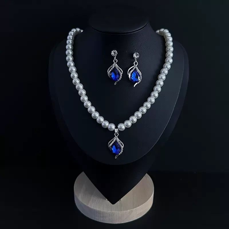 法式复古蓝色吊坠时尚百搭锁骨链项链耳环ZD0843