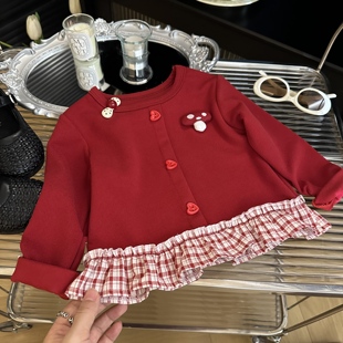 女童卫衣2025秋季新款韩版休闲上衣红色蘑菇拼接裙摆套头打底衫