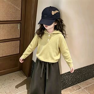 女童长袖连帽卫衣秋季新款儿童韩版休闲上衣百搭纯色套头打底衫