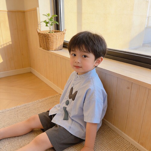 夏季儿童短袖衬衫短裤套装男童简约日系纯色开衫衬衣裤子两件套