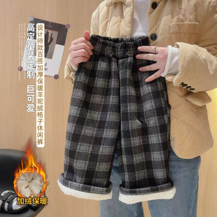女童格子加绒加厚儿童阔腿裤洋气新款长裤秋冬筒裤休闲中大童裤子