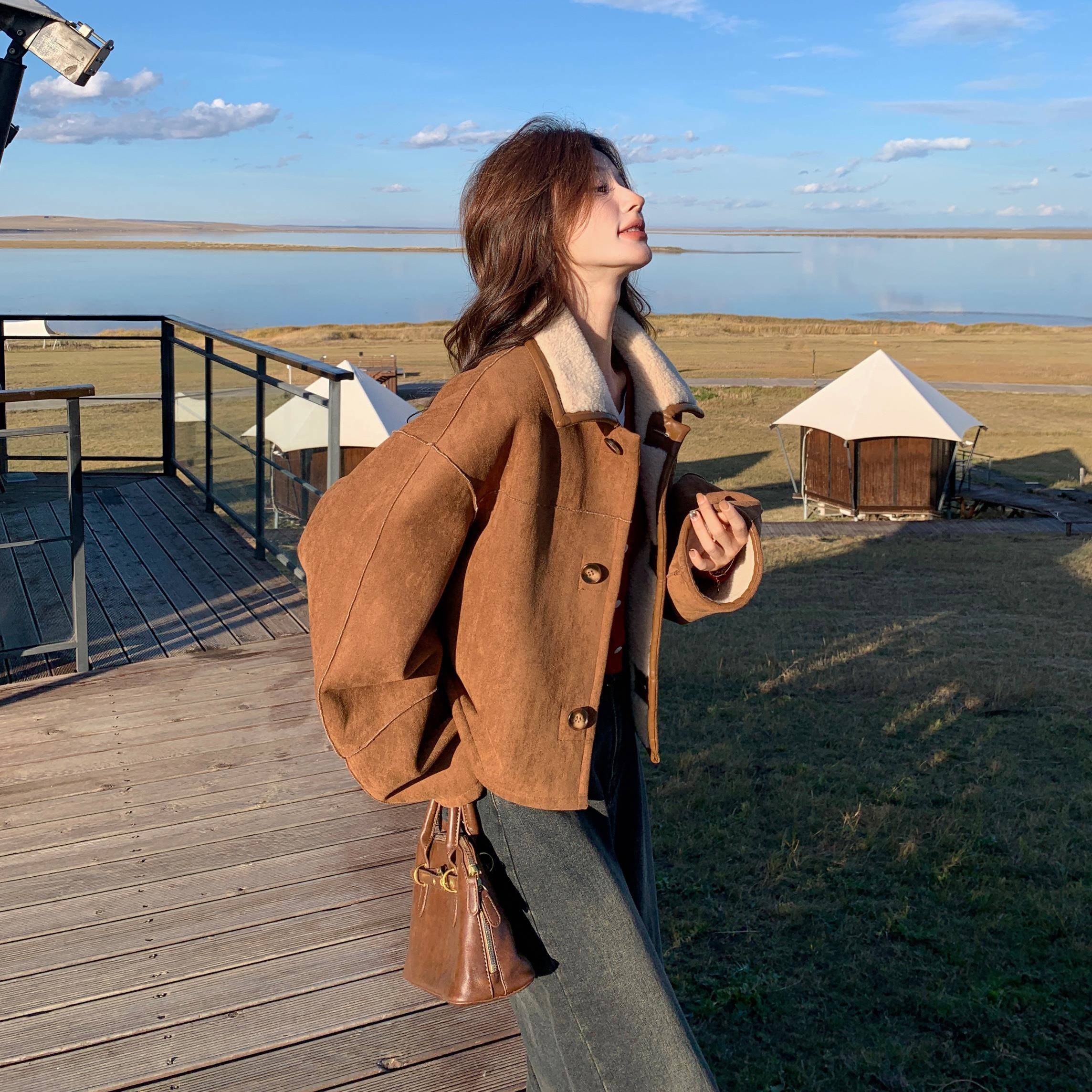 双面可穿麂皮绒上衣女春秋2025新款小个子冬季加绒加厚羊羔毛外套