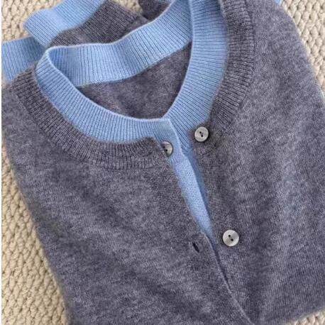 格雷系假两件100%纯山羊绒开衫女慵懒风拼色外套羊毛针织打底上衣