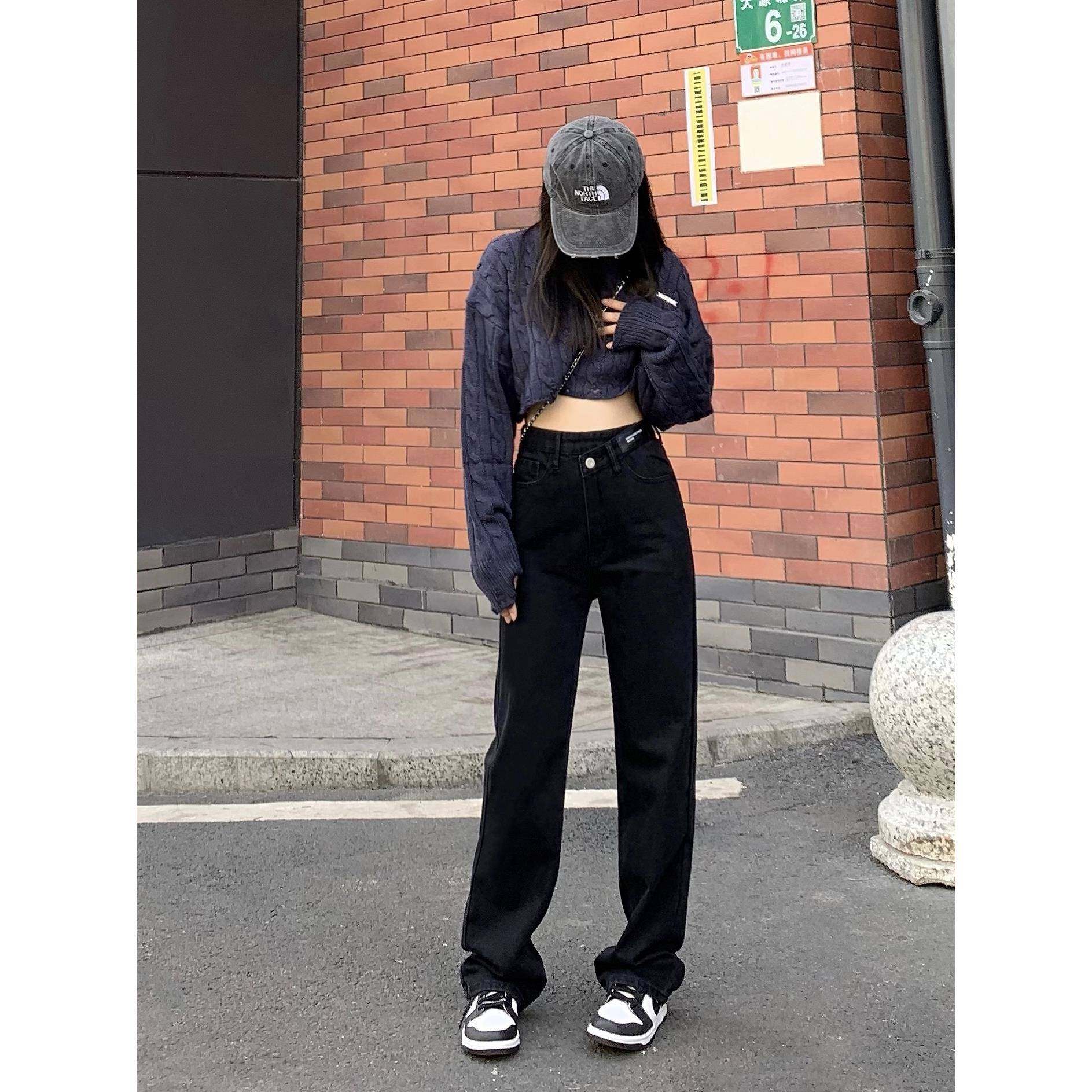 纯哥家黑色直筒牛仔裤女2025春夏新款设计感高腰宽松小个子拖地裤