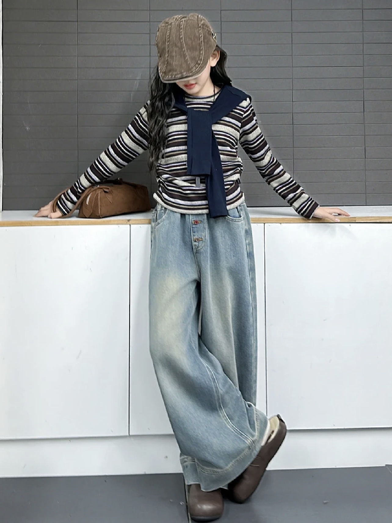 吉小可2025秋冬新款儿童阔腿牛仔裤大童复古洋气加绒裤子