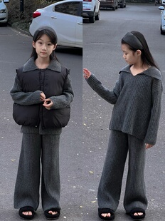 吉小可2025秋冬新款女童毛衣套装慵懒风宽松阔腿毛衣女加厚针织衫