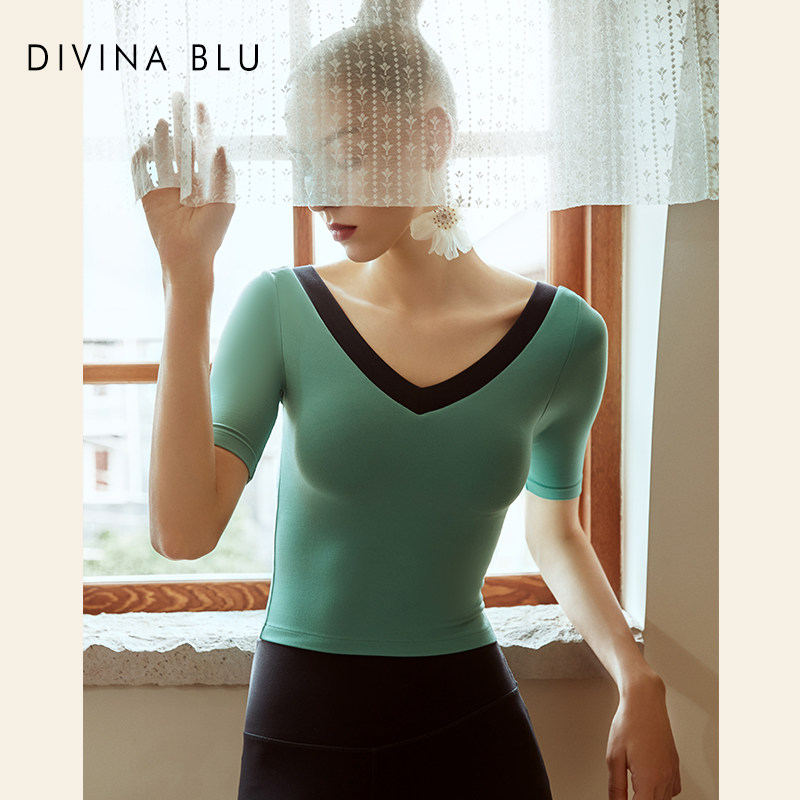 DIVINA BLU巴黎裸感短袖女士瑜伽服上衣T恤运动健身背心带胸垫