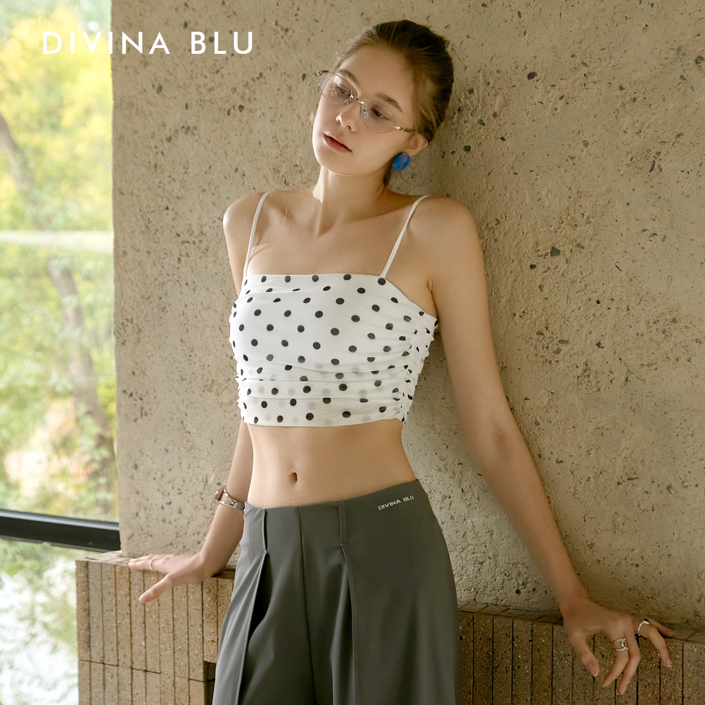 DIVINABLU迪唯纳马赛系列圆点细肩带褶皱瑜伽文胸健身运动内衣