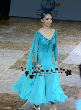 新世纪舞服 摩登裙摩登表演裙伦巴舞裙浅蓝色比赛裙国标舞赛服