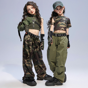 女孩迷彩罩衫上衣两件套爵士舞服套装长袖表演出潮jazz少儿练功服