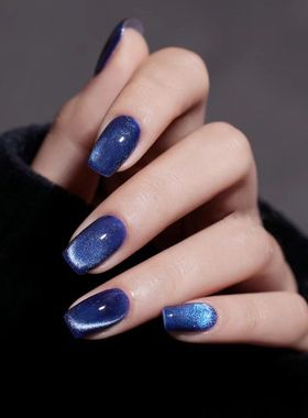穿戴甲甲片深蓝色爆闪晶石猫眼美甲贴片成品假指甲press on nail