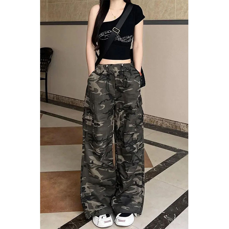 美式高街复古迷彩高腰工装裤女2024秋季新款宽松直筒垂感牛仔长裤
