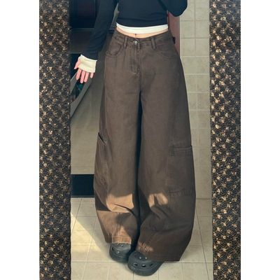 2025年新款高腰宽松显瘦休闲拖地阔腿直筒美式复古咖色工装牛仔裤