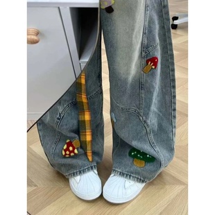 美式 秋百搭宽松阔腿拖地显瘦 复古水洗蘑菇毛巾刺绣弯刀卡通牛仔裤