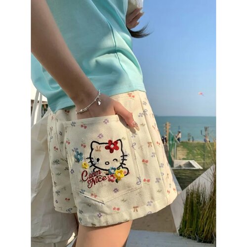 蝴蝶结碎花樱桃刺绣kitty猫牛仔短裤女夏季新款高腰直筒显瘦a字裤
