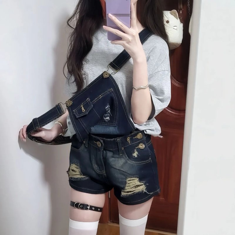 美式复古破洞牛仔背带短裤女2025新款纯欲俏皮辣妹性感超短热裤子,女装/女士精品,牛仔裤,淘宝优惠券,粉丝福利购,淘宝优惠卷