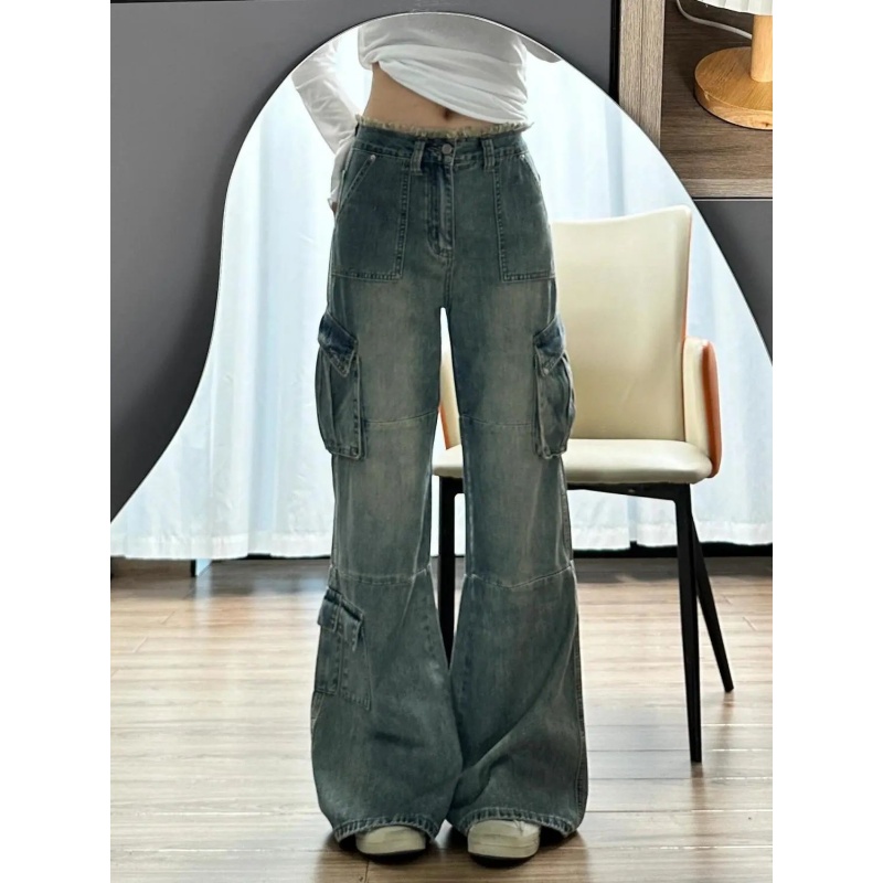 美式高街复古多口袋高腰工装牛仔裤女秋季新款设计感直筒微喇裤子
