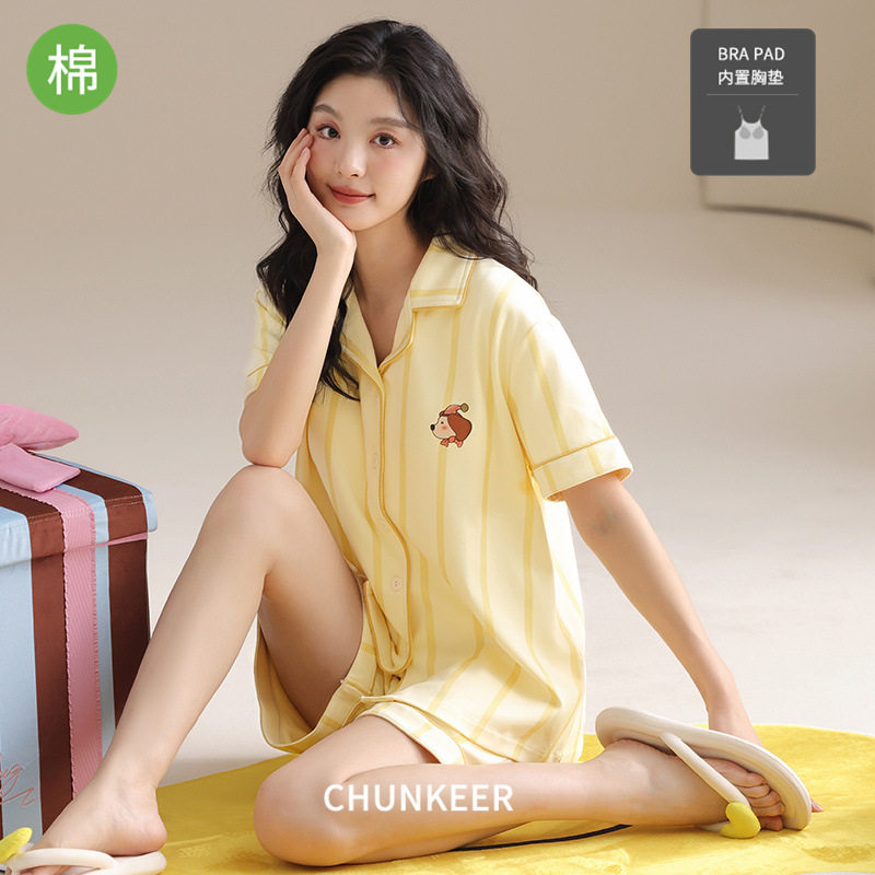 带胸垫新款纯棉睡衣女生夏季短袖短裤套装开衫时尚休闲可外穿薄款
