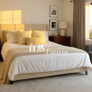 自然 美式自然风实木床 双人床米白色布艺软包床 高级感卧室家具