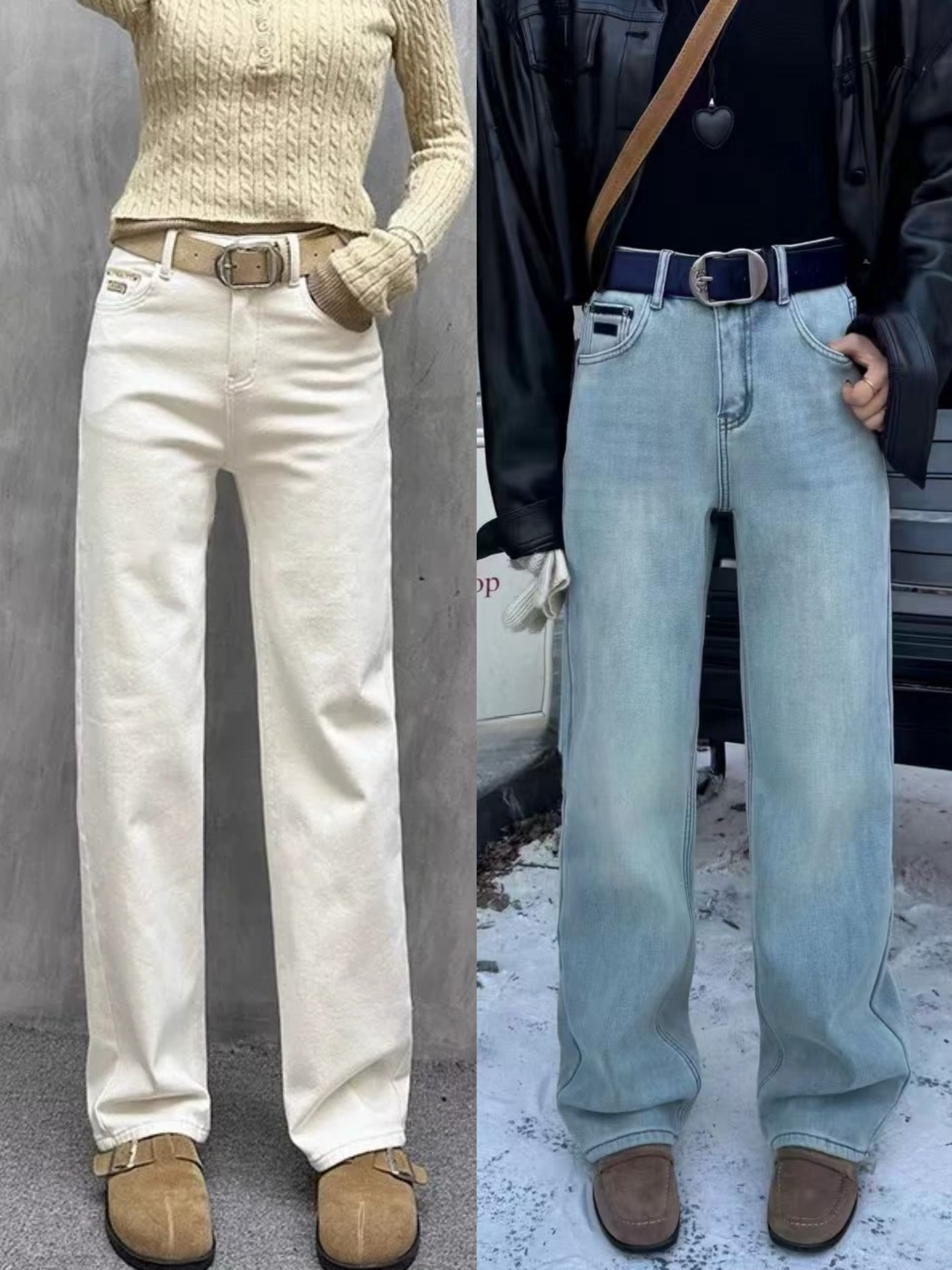 欧货加绒牛仔裤女2024冬复合绒窄版米白色直筒裤深蓝显瘦弹力高端