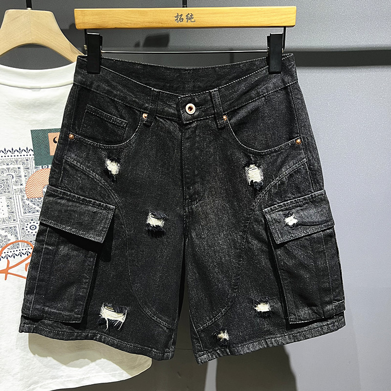 破洞大码哈伦牛仔短裤男士夏装宽松休闲工装口袋五分直筒中裤马裤