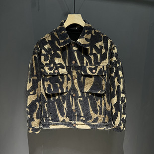 口袋2025款 高端美式 潮牌豹纹面料宽松休闲牛仔外套男痞帅ins工装