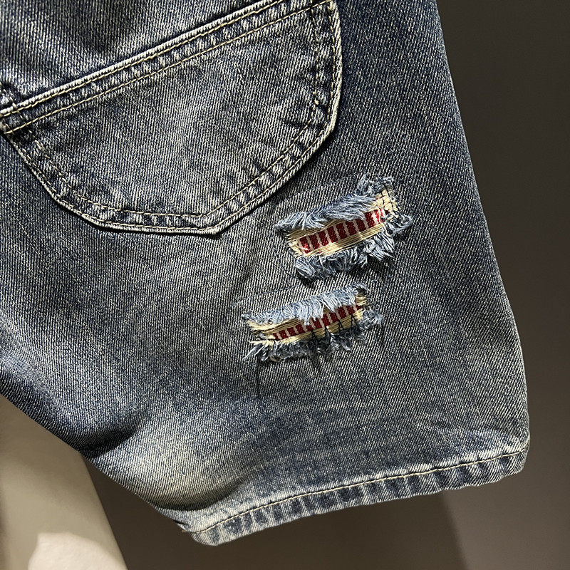 2024 SUMMER AMERICAN FASHION BRAND RIPPED PATCHES INS HANDSOME MEN DENIM SHORTS HAIRSTYLIST 5 POINTS PANTS TREND PANTS